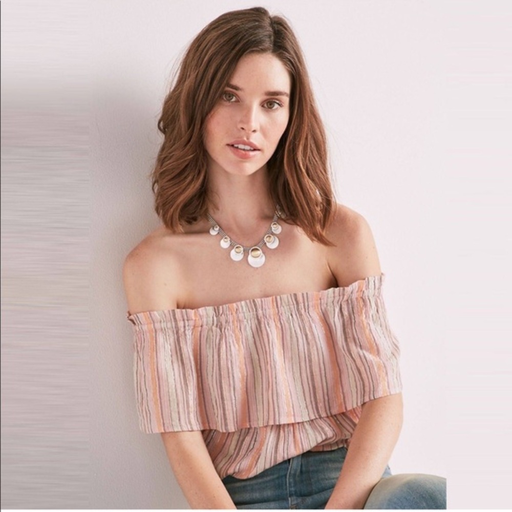 Brand New Lucky Brand Summer Peach Pink Off Shoulder Stripes Shine Top - Picture 2 of 7